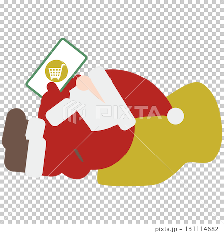 A cute profile of Santa Claus lying down and shopping online with his smartphone A cute profile of Santa Claus lying down and shopping online with his smartphone 131114682