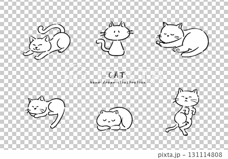 Line drawing illustrations of cats in various poses 131114808