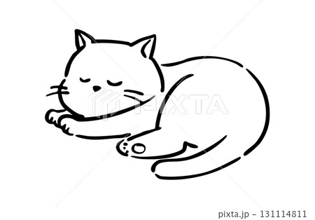 丸くなって眠る猫のシンプルな線画イラスト 131114811