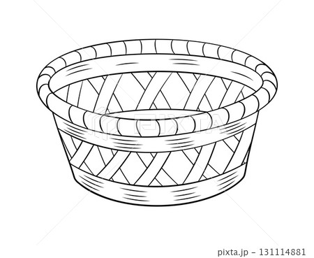 Empty wicker basket doodle style. Hand drawn black and white isolated coloring page 131114881