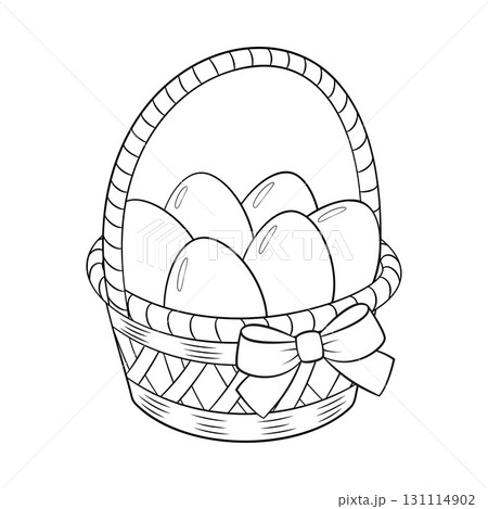 A festive basket with a bow full of Easter eggs doodle style. Hand drawn coloring page 131114902
