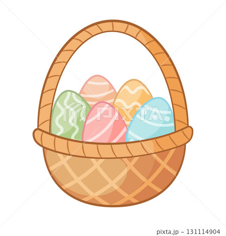 Basket with easter eggs doodle style. Happy easter Hand drawn flat style isolated icon Basket with easter eggs doodle style. Happy easter Hand drawn flat style isolated icon 131114904