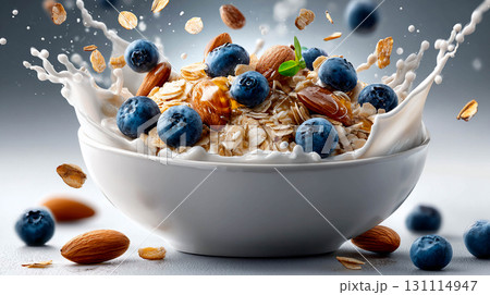 A bowl of muesli filled with nuts, blueberries, and oatmeal. The bowl also shows a splashing milk liquid. Some of the ingredients, including the oatmeal and nuts, are floating in the air.	 A bowl of muesli filled with nuts, blueberries, and oatmeal. The bowl also shows a splashing milk liquid. Some of the ingredients, including the oatmeal and nuts, are floating in the air.	 131114947