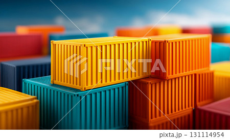 Containers in bright and saturated colors. A warehouse or port where containers are stacked in several rows. Containers in bright and saturated colors. A warehouse or port where containers are stacked in several rows. 131114954