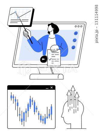 Business professional presenting data on monitor, graph chart analysis, and growth mindset symbols. Ideal for education, online seminars, business growth, training, data analysis, professional Business professional presenting data on monitor, graph chart analysis, and growth mindset symbols. Ideal for education, online seminars, business growth, training, data analysis, professional 131114998