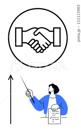 Handshake in circular frame person with document pointing upward. Ideal for business, partnership, agreement, leadership, growth, success, collaboration themes. Line metaphor 131115005