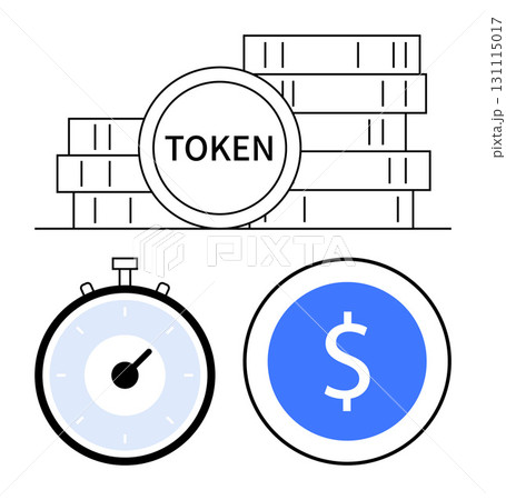 Stacked tokens labeled TOKEN stopwatch with partial blue and coin with dollar sign. Ideal for cryptocurrency, investment, timing, digital currency, finance, trading, and blockchain concepts. Line 131115017