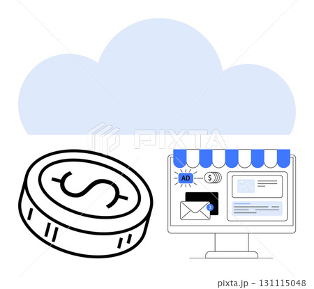 Cloud, coin with dollar sign, e-commerce store on computer monitor with email, and ad elements. Ideal for online business, digital marketing, e-commerce, fintech, cloud solutions payments virtual 131115048