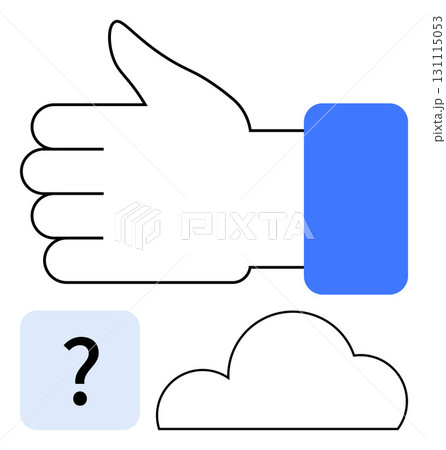 Thumbs up hand gesture with blue cuff, cloud, and question mark in shaded square. Ideal for feedback, approval, mystery, cloud storage, queries positive response decision making. Line metaphor Thumbs up hand gesture with blue cuff, cloud, and question mark in shaded square. Ideal for feedback, approval, mystery, cloud storage, queries positive response decision making. Line metaphor 131115053