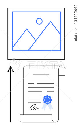 Framed artwork ascending into certificated document with arrow. Ideal for creativity, achievement, recognition, transformation, success, art, growth. Line metaphor 131115060