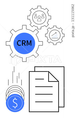 CRM gears with user icons and growth chart, financial coins, and documents. Ideal for business operations, customer relationship management, financial planning, document handling, teamwork 131115062
