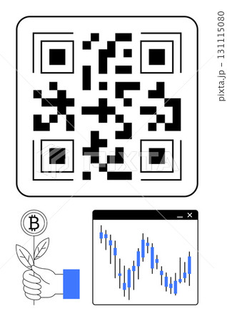 QR code above Bitcoin plant held by hand and increasing financial chart on white background. Ideal for cryptocurrency, finance, investment, blockchain, technology, digital economy, marketing. Line QR code above Bitcoin plant held by hand and increasing financial chart on white background. Ideal for cryptocurrency, finance, investment, blockchain, technology, digital economy, marketing. Line 131115080