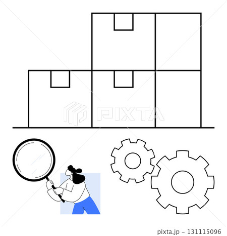 Worker holding magnifying glass examines stacked boxes, two gear icons nearby. Ideal for logistics, supply chain, quality inspection, warehousing, process optimization, e-commerce, inventory 131115096