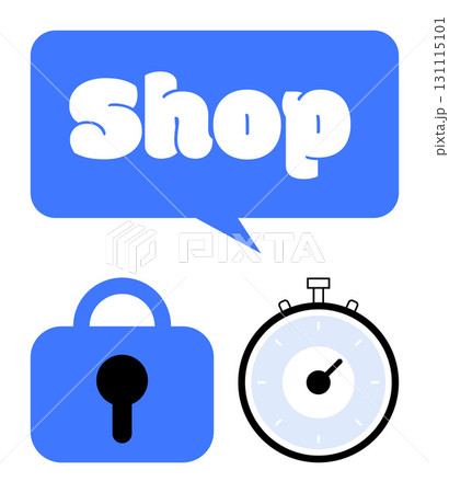Blue speech bubble with Shop text blue padlock symbol and stopwatch icon. Ideal for e-commerce, security, efficiency, online shopping, time management, retail, cybersecurity. Line metaphor 131115101