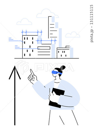 Woman wearing VR headset points towards a cityscape with architectural sketches and a large upward arrow. Ideal for technology, architecture, urban planning, virtual reality, innovation, navigation Woman wearing VR headset points towards a cityscape with architectural sketches and a large upward arrow. Ideal for technology, architecture, urban planning, virtual reality, innovation, navigation 131115115