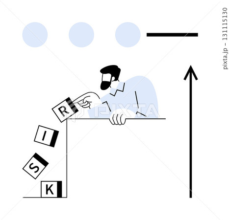 Businessman topples letter blocks spelling RISK arrow points upward. Ideal for business, strategy, risk management, decision-making, leadership, growth, and uncertainty themes. Line metaphor 131115130