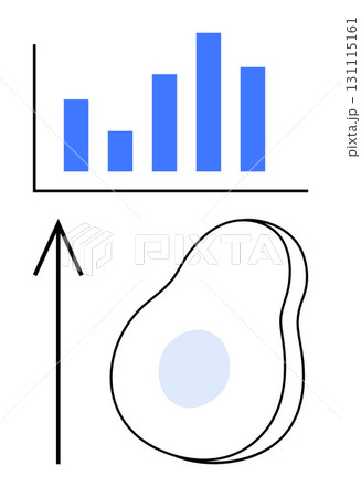 Bar graph with ascending bars next to an upward arrow and an abstract avocado shape. Ideal for business analytics, market growth, financial success, economic trends, investment, productivity Bar graph with ascending bars next to an upward arrow and an abstract avocado shape. Ideal for business analytics, market growth, financial success, economic trends, investment, productivity 131115161