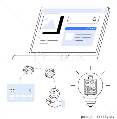 Laptop with e-commerce web, v07site, credit card with payment symbols, hand with coins, shipping idea in lightbulb. Ideal for e-commerce, online payment, shopping, digital transactions, consumer Laptop with e-commerce web, v07site, credit card with payment symbols, hand with coins, shipping idea in lightbulb. Ideal for e-commerce, online payment, shopping, digital transactions, consumer 131115183