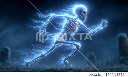 The skeleton is in motion, running towards the cemetery. Glowing electric discharges are visible around the skeleton, giving it a bright and dynamic appearance. 131115311