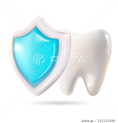 There is a tooth surrounded by a blue shield around it. The tooth is protected, 3D vector. 131115349