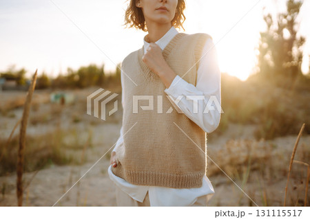 Portrait of elegant, luxury woman posing in nature. People, lifestyle, relaxation concept. 131115517