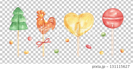 Set of watercolor lollipops on a stick. Christmas tree, heart-shaped lollipops, candy cockerel, round sugar lollipops on a stick. Collection of lollipops, clipart. Illustrations for children printing. 131115627