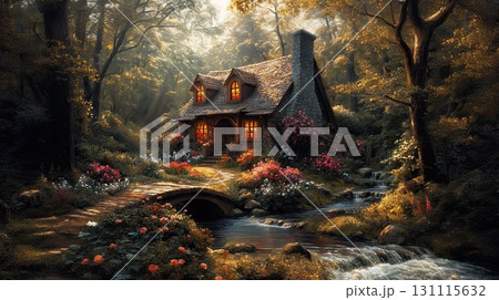 A charming English countryside cottage sits quietly beyond a wooden bridge over a narrow stream, surrounded by lush greenery and rustic charm in a peaceful rural landscape perfect for slow living 131115632