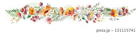 A beautiful hand-drawn color vector illustration. A long floral banner, garland, yellow flowers, green branches, and leaves. Border for spring and summer. hand drawn. Not AI, Vector illustration A beautiful hand-drawn color vector illustration. A long floral banner, garland, yellow flowers, green branches, and leaves. Border for spring and summer. hand drawn. Not AI, Vector illustration 131115741
