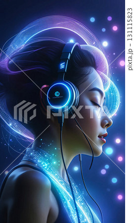 Girl in headphones is in a state of musical euphoria. Serene girl immersed in music with futuristic headphones and glowing bokeh. 131115823