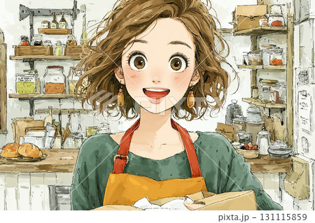 美優シリーズ：美優がカフェで残ったパンを持ち帰り用に包んでもらっているシーン 131115859