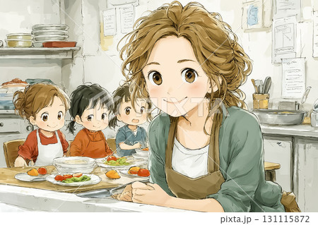 美優シリーズ：美優が小さな子どもに食べ残しを減らすよう優しく教えているシーン 131115872