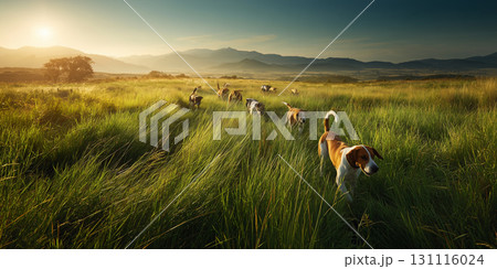 Dogs running on a beautiful green meadow Dogs running on a beautiful green meadow 131116024