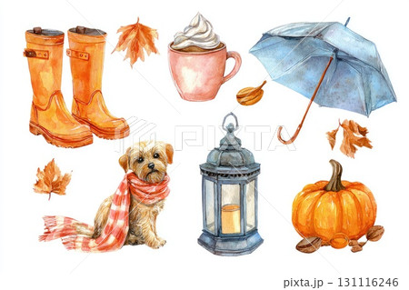 Autumn watercolor set with pumpkin lantern dog and umbrella Autumn watercolor set with pumpkin lantern dog and umbrella 131116246