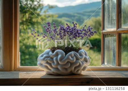 Lavender flowers in brain shaped ceramic pot on window Lavender flowers in brain shaped ceramic pot on window 131116258