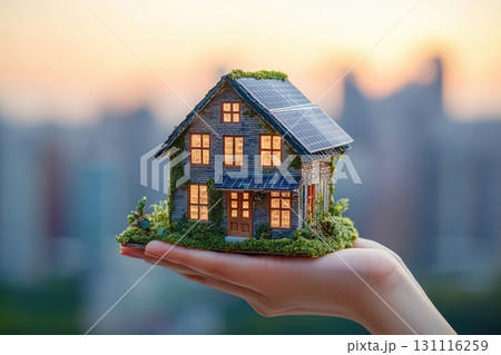 Eco friendly miniature house with solar panels in hand Eco friendly miniature house with solar panels in hand 131116259