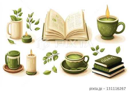 Herbal tea and book illustration with candles and leaves 131116267