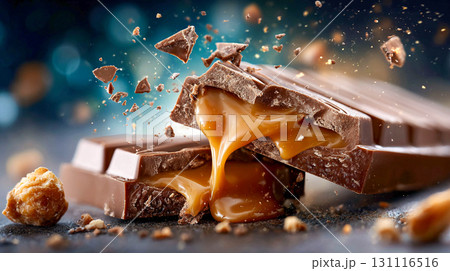 Chocolate with a caramel filling that flows smoothly outwards. There are many crumbly pieces of biscuit or nuts visible around the bar. Chocolate with a caramel filling that flows smoothly outwards. There are many crumbly pieces of biscuit or nuts visible around the bar. 131116516