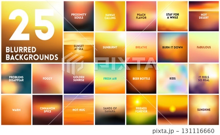 BIG set of 25 square blurred nature dark orange yellow backgrounds. With various quotes. Sunset and sunrise sea sky blurred blue background 131116660