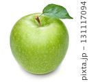 Fresh green apple with green leaf on white background. Clipping path. 131117094