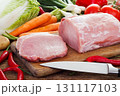 Vegetables and pork meat on cutting board 131117103