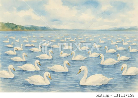 ハクチョウ　湖　水彩画 131117159