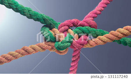 Colorful Ropes Intertwined in a Complex Knot of Green, Pink, and Orange Strings 131117240