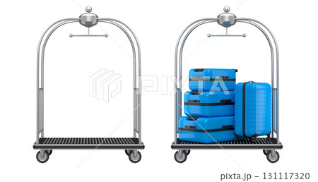 Set of Regular suitcase on hotel trolley cart for carrying baggage on white background 131117320