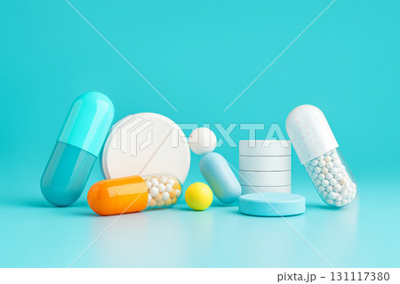 Assorted capsules and tablets in different shapes and colors arranged on blue surface with round pills and granules. Studio still life photography. Healthcare and pharmaceutical concept Assorted capsules and tablets in different shapes and colors arranged on blue surface with round pills and granules. Studio still life photography. Healthcare and pharmaceutical concept 131117380