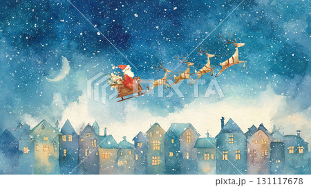 星空を駆けるサンタクロースとトナカイの水彩イラスト 131117678