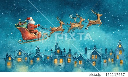 プレゼントを届けるサンタクロースとトナカイの夜空イラスト 131117687