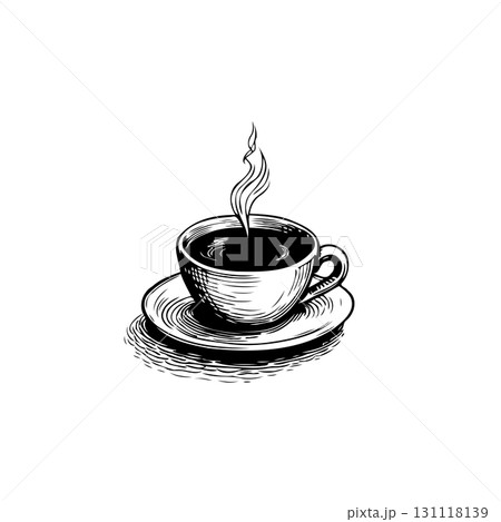 Elegant illustration of a steaming cup of coffee on a saucer, perfect for cafes 131118139