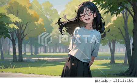 秋の公園を散歩する若い女性 131118160