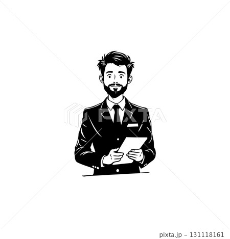 Confident businessman in a suit holding tablet cartoon illustration isolated 131118161