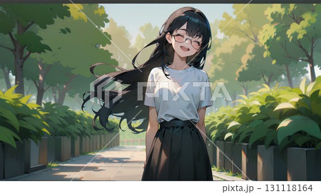 秋の公園を散歩する若い女性 131118164